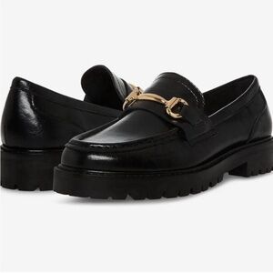 Steve Madden Black Leather Bit Loafers with Gold Hardware
